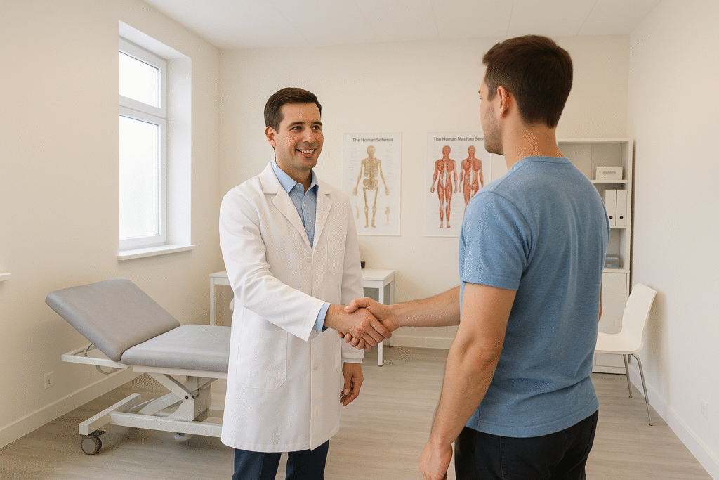 Zadowolony pacjent dziękuje lekarzowi po udanym zabiegu wszycia esperalu w gabinecie w Sopocie.